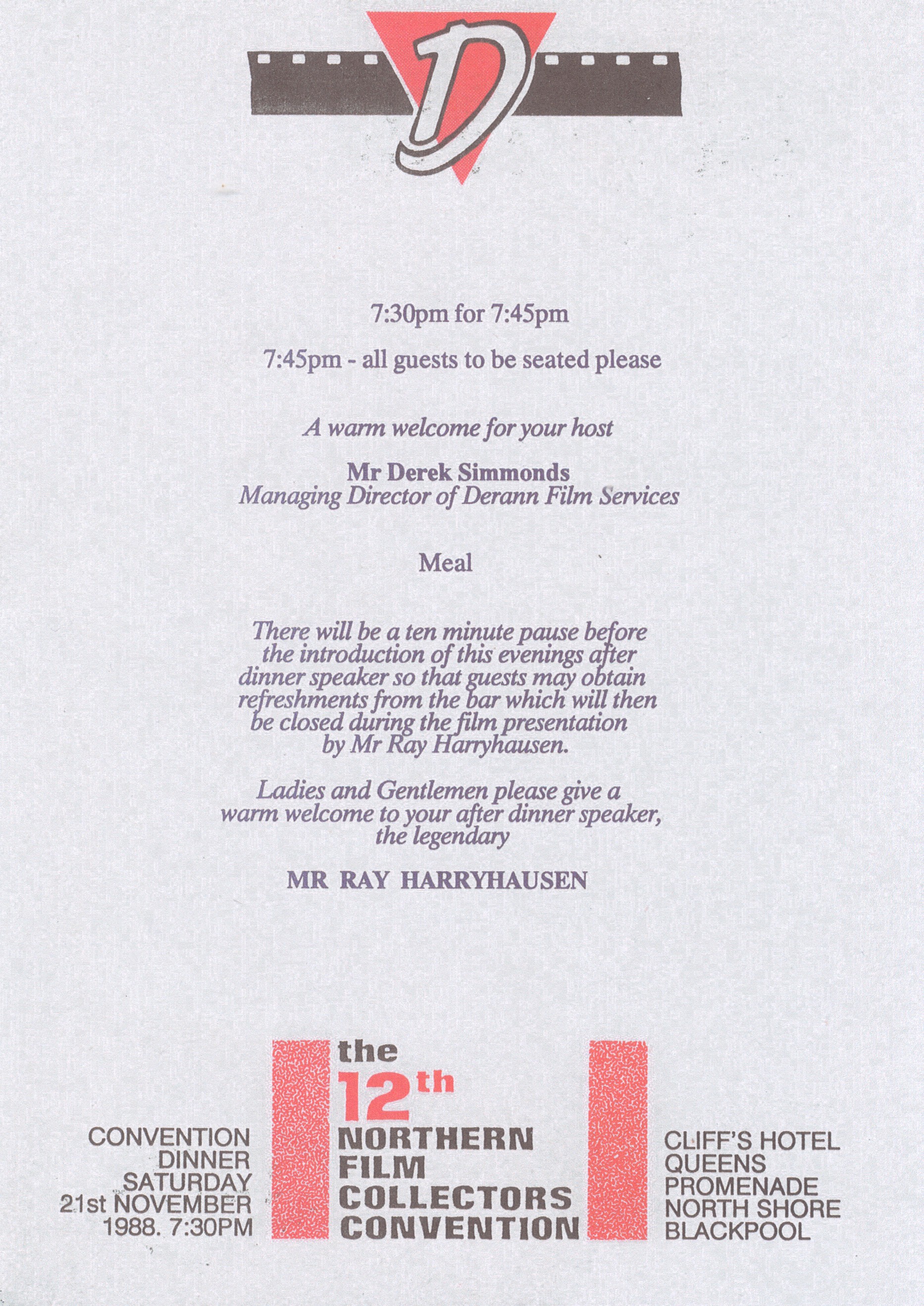 1988 Convention Dinner programme, page 1