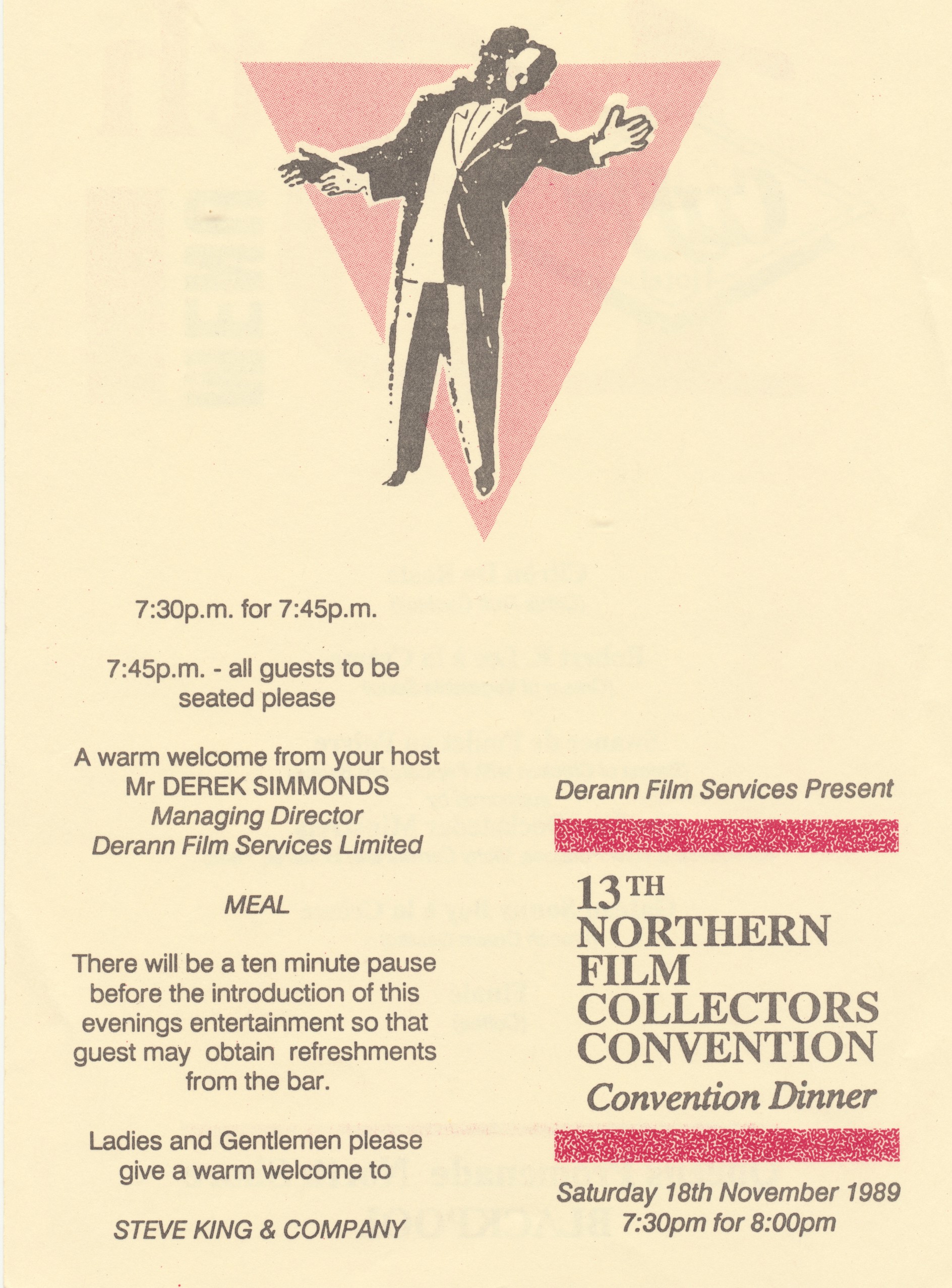 1989 Convention Dinner programme, page 1